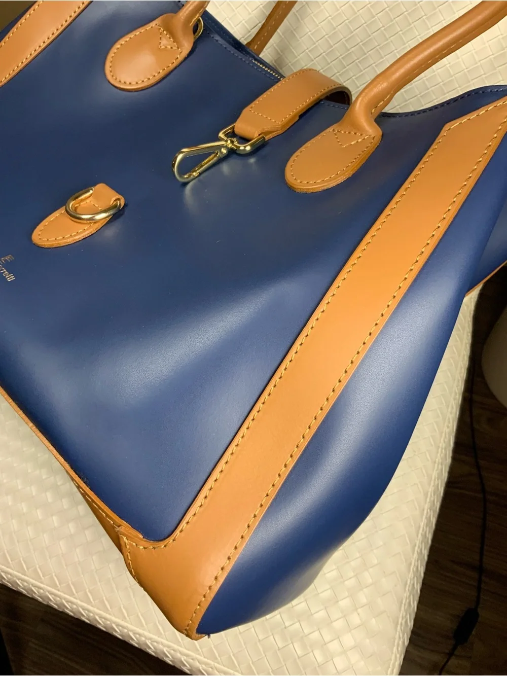 Chiara Ferretti Navy and Tan Leather Tote with Gold Hardware